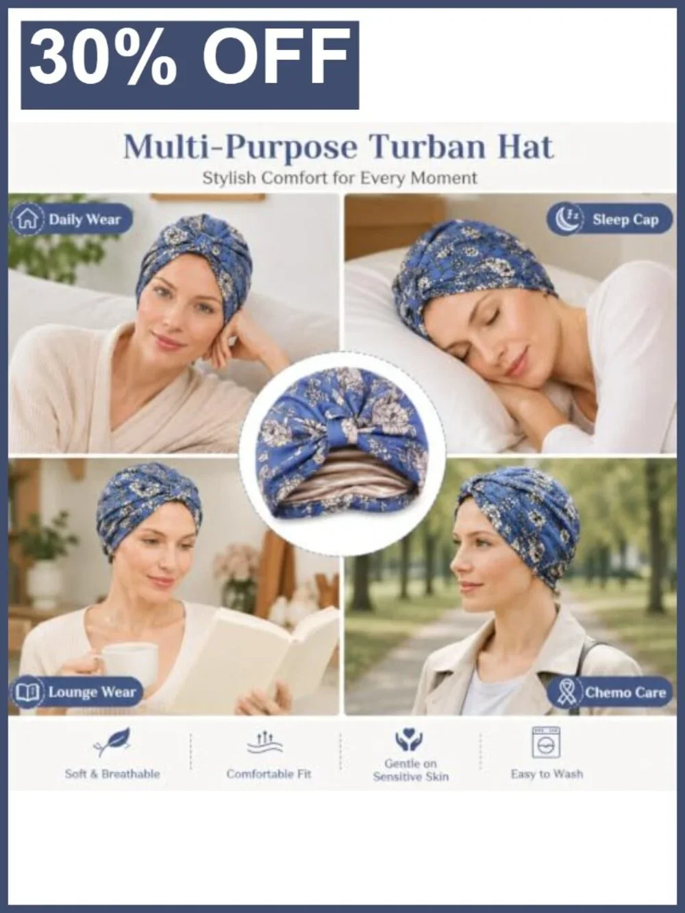 Satin Lined Chemo Turban Headwear for Women Stretchy Sleep Hat